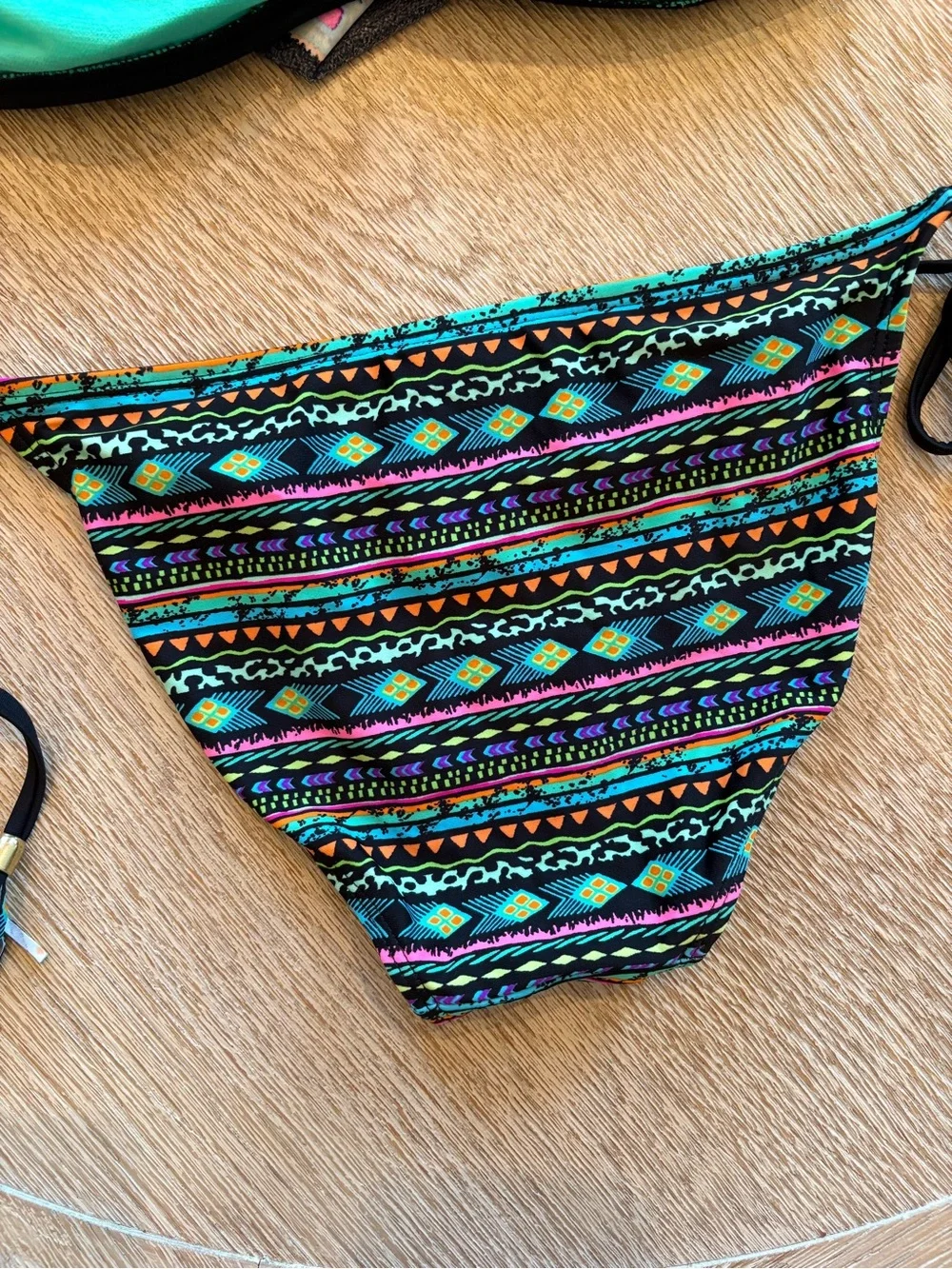 Ruffle Bandeau Bikini Set in Black With Bright Aztec Pattern